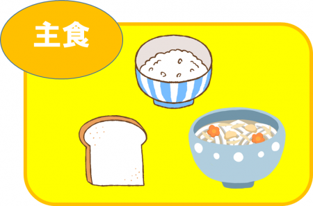 「主食」と書かれた黄色い枠の中に、茶碗に入った白米、食パン、ニンジンなどの具が入ったうどんのイラストが描かれている写真