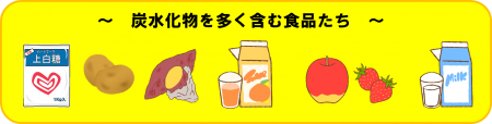 「炭水化物を多く含む食品たち」と書かれた黄色い枠の中に、上白糖、じゃがいも、さつまいも、オレンジジュース、りんご、いちご、牛乳パックが書かれているイラスト