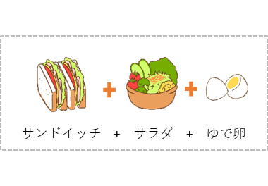 サンドイッチとサラダとゆで卵の画像