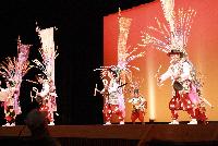 のぼり旗を背負い、色鮮やかな装飾のある衣装を着ておどりを披露する演者たちの写真