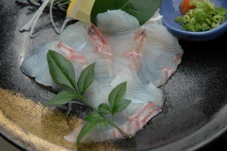 背中部分がピンク色をしている、白身魚の刺身の上に、緑の葉が飾りとして置かれている写真