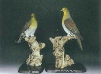 A picture of two birds which have yellow heads and brown feathers perched in a tree, facing each other