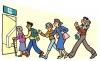 非常口に移動する老若男女たちのイラスト
