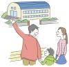 建物を確認する家族のイラスト