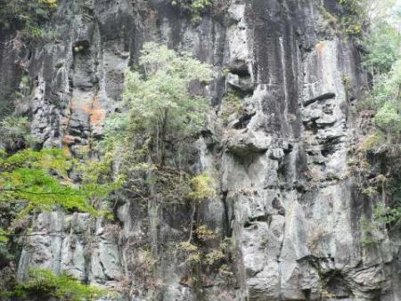 うっすらと苔の生えた岩の壁を映した屏風岩の写真