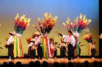 カラフルな装飾のついた衣装を身にまといステージ上で踊りを踊る人たちの写真