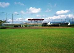 芝生がひかれ野球場として利用できる晴れの日の小林総合運動公園野球場の写真