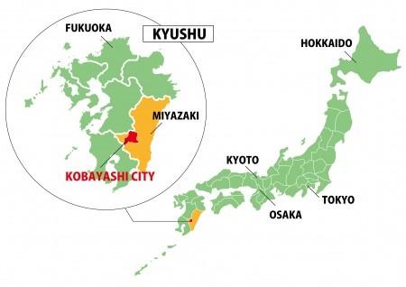 日本地図全体から見た小林市の所在地を示す英語の地図