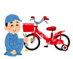 An illustration of a mechanic man squatting on his side repairing a bicycle